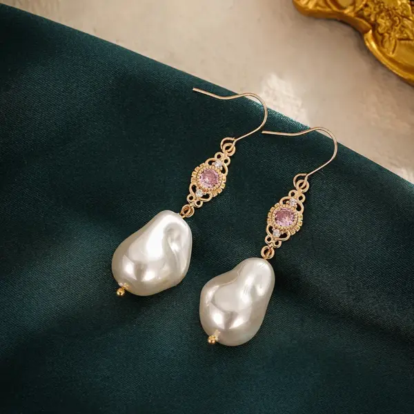Wholesale Original Design Baroque Pearl Earrings Irregular Shape Ladies Jewelry Pink Zircon Stone Unusual Form Women's Elegant Classic Shiny Polished Ear Hooks