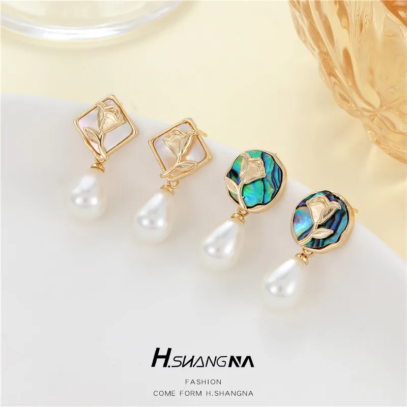 Wholesale Rose Stud Earrings For Women With 925 Sterling Silver Posts, Electroplated Copper And Shell Inlay