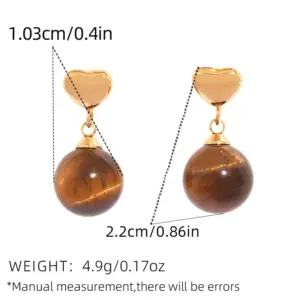 Gold / Average Size / 1 Piece Tiger Stone Heart Earrings