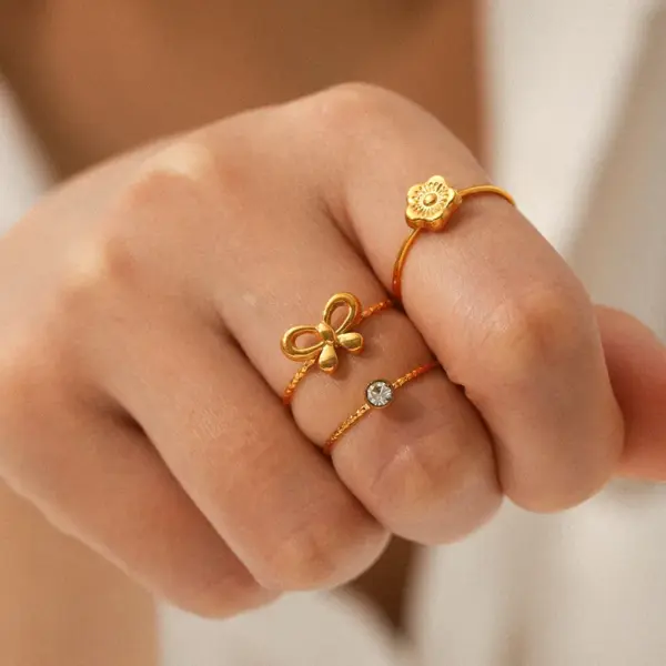 Wholesale 304 Stainless Steel Flower Bow Knot PVD Coated Zircon 18K Gold 18K Real Gold Plated IG Style Simple Style Waterproof Non Tarnish Inlay Gold Open Rings