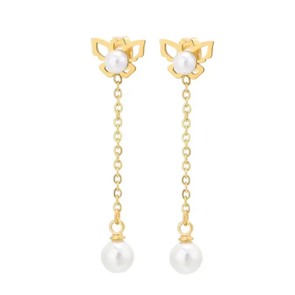 Wholesale 304 Stainless Steel Butterfly PVD Coated Artificial Pearls 18K Real Gold Plated Waterproof Non Tarnish Plating Inlay Drop Earrings