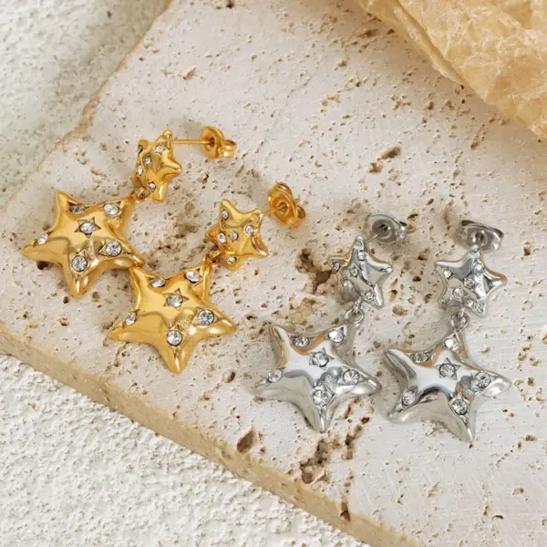 Wholesale 304 Stainless Steel Pentagram PVD Coated Rhinestones 18K Gold Plated Real Gold Plated Luxurious Waterproof Non Tarnish Plating Inlay Earrings