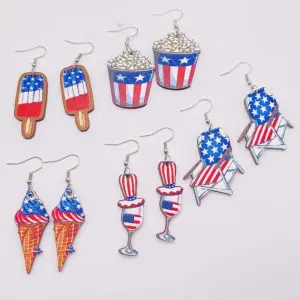 Wholesale Wooden Ice Cream Theme July 4th Independence Day Earrings Geometric Pattern Animal Zodiac Cartoon Character Stylish Women's Jewelry