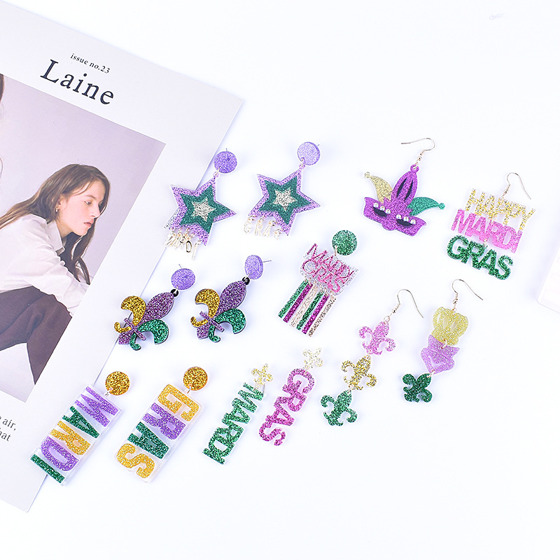 Wholesale New Carnival earrings purple green yellow five-pointed star Crown Clown mask lobster earrings female European and American