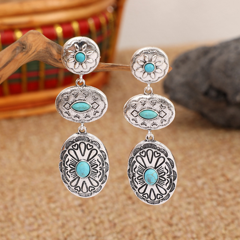 Wholesale Cross-border European and American AliExpress new retro Western wind turquoise oval earrings personality exaggerated earrings