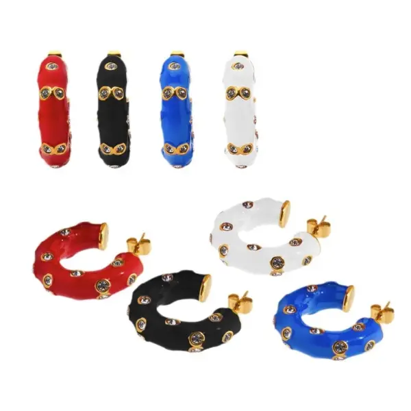 Wholesale Vacuum Electroplating (In Furnace) 304 Stainless Steel C-shaped Oil Drop Earrings Ladies Elegant Small Embedded Zircon Korean Style Popular Ear Jewelry