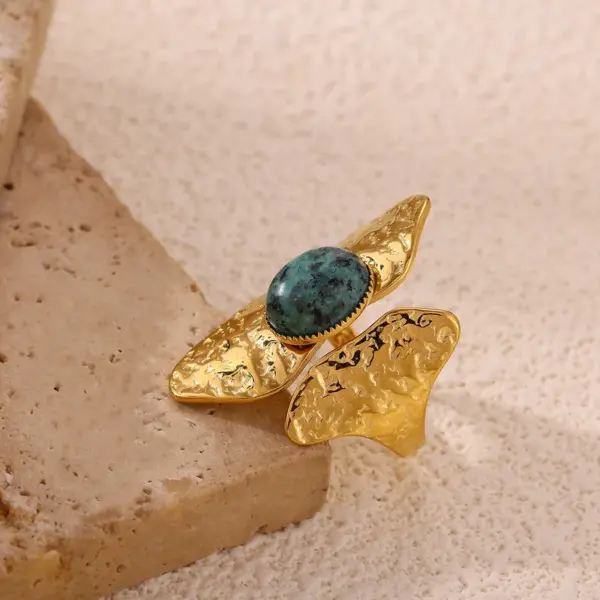 Wholesale Foldable Design Ring Natural Turquoise Inlaid Geometric Flower Edge Round Ring For Women Asymmetric Vacuum Plating