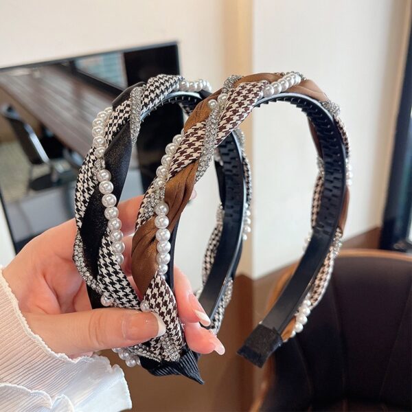 Wholesale French High-end Hair Accessories Twist Rhinestone Pearl Headband High Cranial Top Face Small Headband Non-slip Hair Clip Headwear for Women