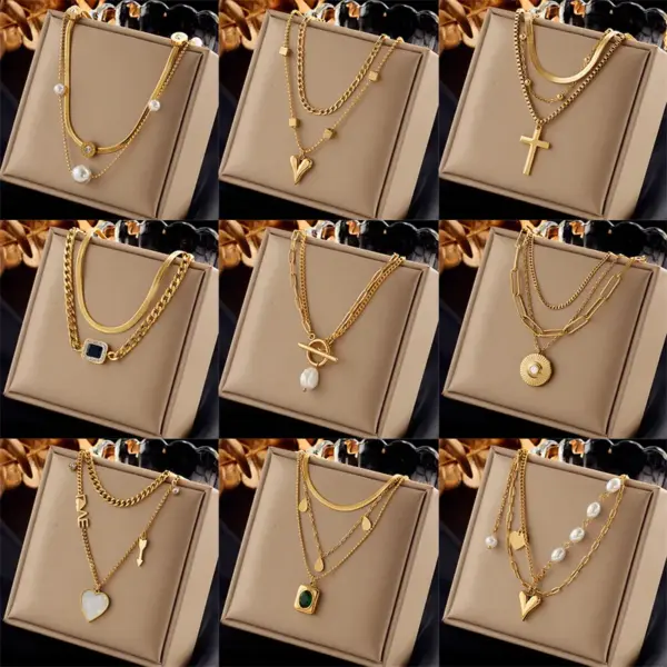 Wholesale Ig Style Simple Style Geometric Titanium Steel Plating Inlay Artificial Pearls Rhinestones Shell Necklace