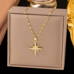 Wholesale Starburst Inlay Pendant Necklace For Women, 18K Gold Plated Copper With Artificial Rhinestones And Lip Chain