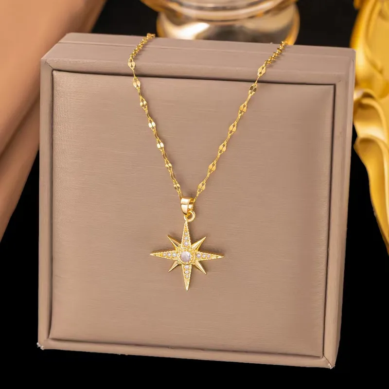 Wholesale Starburst Inlay Pendant Necklace For Women, 18K Gold Plated Copper With Artificial Rhinestones And Lip Chain