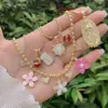 Wholesale Jewelry Simple Style Classic Style Cross Heart Shape Flower Copper Zircon 18K Gold Plated Inlay Ball Chain Multi Charms Necklace