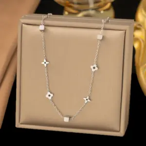 【QYH625】Square Flower-Necklace-Steel Color