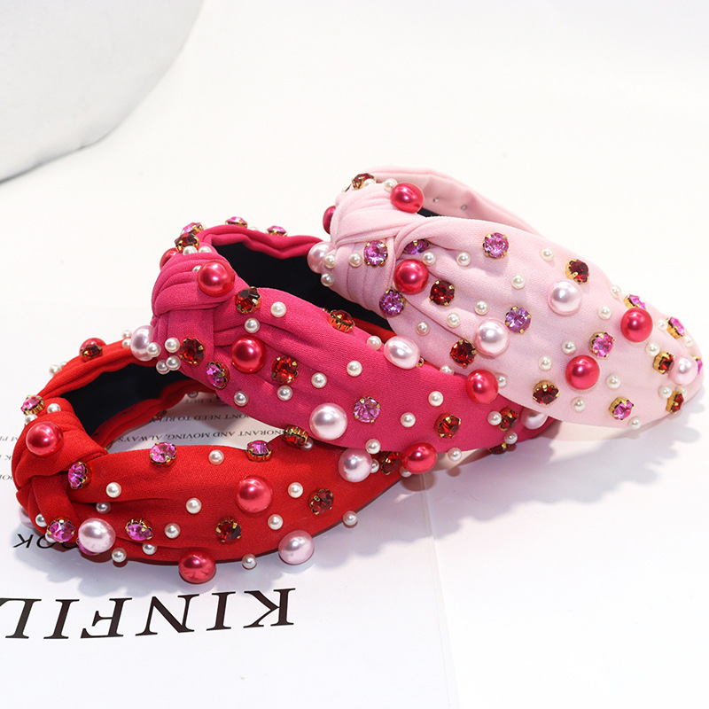 Wholesale Cross-border European and American Valentine's Day Pearl Rhinestone Hoop Light Luxury Kink Fabric High Cranial Top Hair Hoop Face Wash Out H