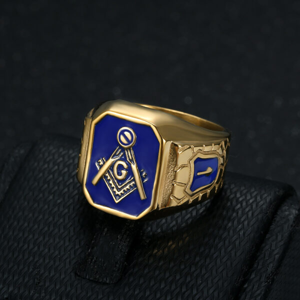 Wholesale Hip Hop HIPHOP Jewelry Titanium Steel Gold Plated Blue Glue Masonic AG Men's Ring