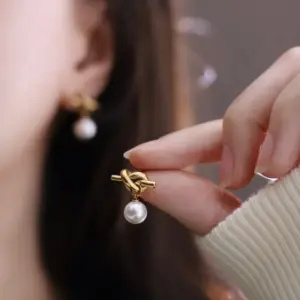Wholesale 1 Pair Basic Simple Style Knot 304 Stainless Steel Titanium Steel Artificial Pearls 18K Gold Plated Vacuum Plating PVD Coated Drop Earrings