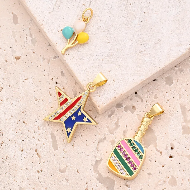 Wholesale 1 Pc/Package 16x10mm 22x20mm 25x11.5mm 3mm 5x3mm Copper Zircon 18K Gold Plated Pentagram Balloon American Flag Polished Pendant