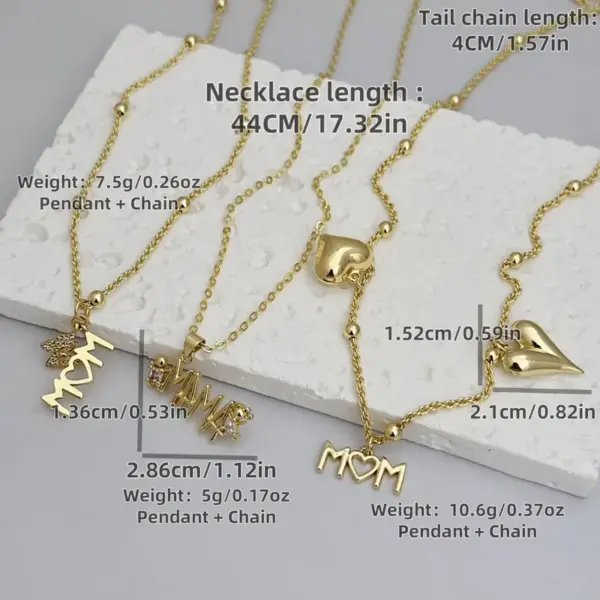 Wholesale Jewelry Elegant MOM Heart Shape Copper Zirconia 18K Gold Plated Inlaid Zircon Pendant Necklace Cable Chain Twisted Rope Chain