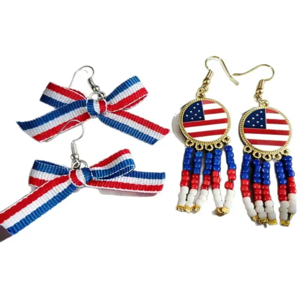 Wholesale American Flag Tassel Earrings For Independence Day, Unisex Design With Red Seed Bead Inlay And Zinc Alloy Ear Pins