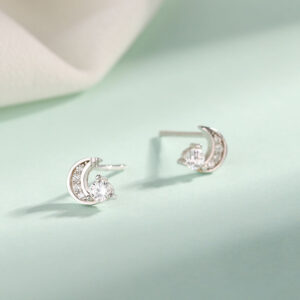 Wholesale S925 Sterling Silver Inlaid Moon Silver Ear Stud Women's Light Luxury High-end Sense Earrings Small Elegant Fashion Niche Earrings