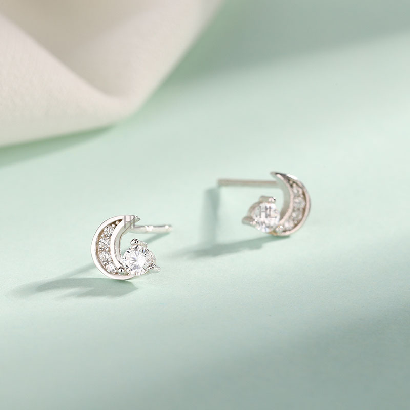 Wholesale S925 Sterling Silver Inlaid Moon Silver Ear Stud Women's Light Luxury High-end Sense Earrings Small Elegant Fashion Niche Earrings