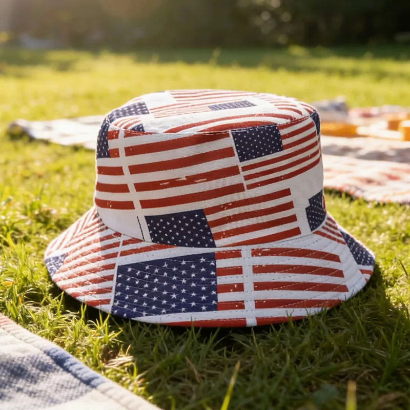 Wholesale Unisex American Flag Bucket Hat With Short Brim, UV Protection, Made Of Polyester Featuring Sewing Craftsmanship