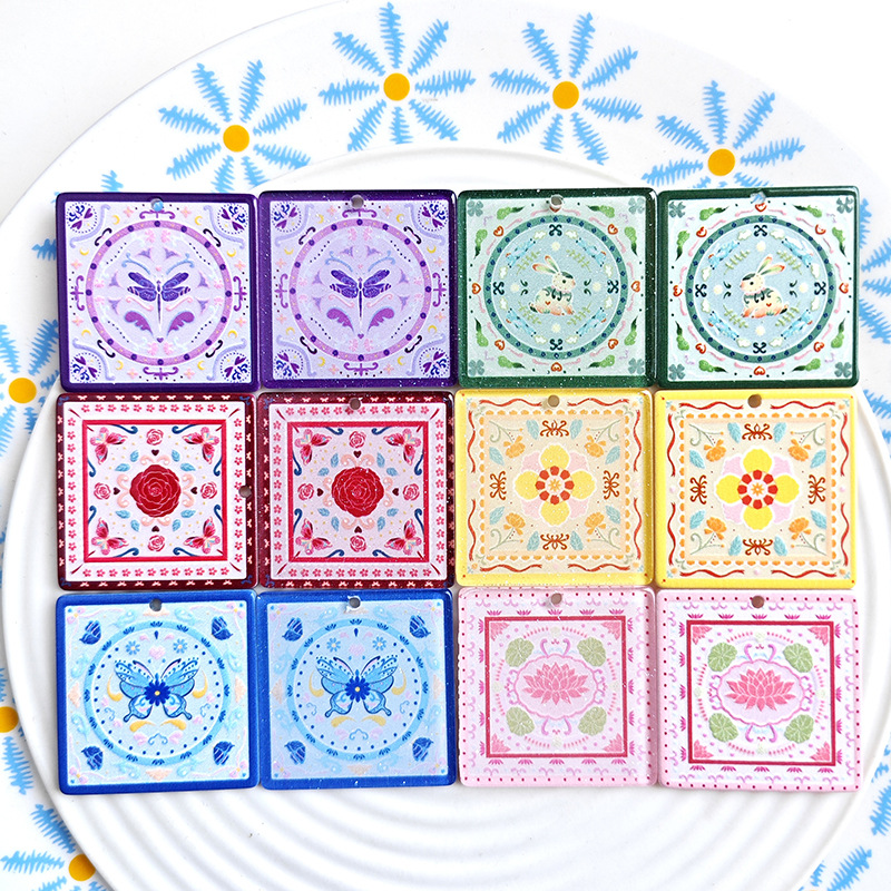 Wholesale Double-sided Square Butterfly Bohemian Backboard Acrylic Jewelry Accessories DIY Pendant Holed Cartoon Characters