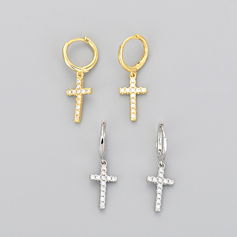 Wholesale European and American Cross-Border Cross Earrings for Women with Diamond Zircon Simple Versatile Earrings Foreign Trade Hot Selling Wholesal