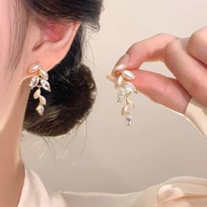 E6932 gold-super flash full zirconium leaf tassel earrings