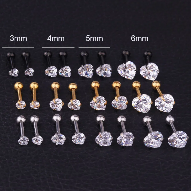 Wholesale Ear Cartilage Rings & Studs Fashion Heart 316L Stainless Steel Waterproof Non Tarnish Surgical Steel Zircon Vacuum Plating