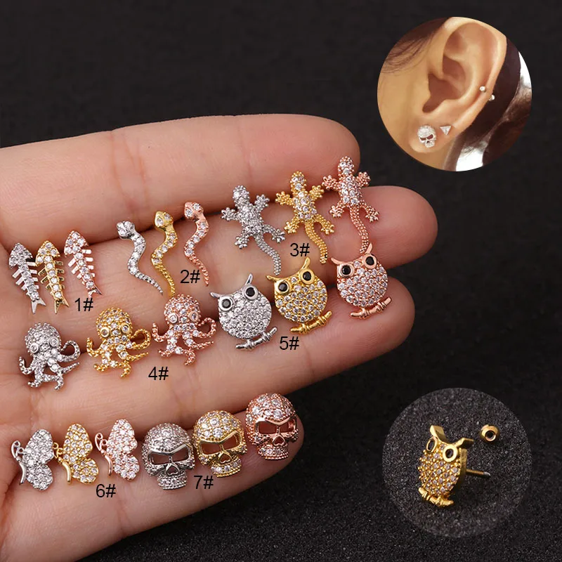 Wholesale 316L Stainless Steel Copper Zircon Ear Cartilage Rings & Studs Animal Waterproof Non Tarnish Surgical Steel Women'S