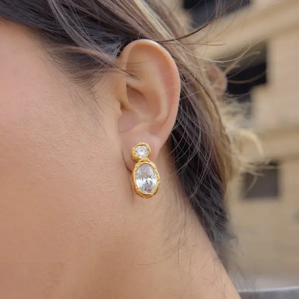 Wholesale Oval Waterproof Non Tarnish Earrings For Women, 304 Stainless Steel With 18K Real Gold PVD Coated Plating And Zircon Inlay