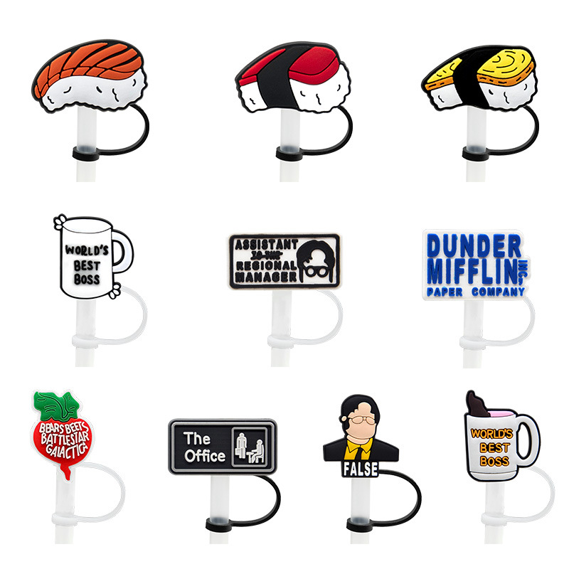 Wholesale New Office Series Straw Sleeve Straw Cap Silicone Dust Plug Cute Anime Party Straw Decoration Cross Border