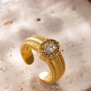 Wholesale Geometric Open Rings For Women, Waterproof Non Tarnish 304 Stainless Steel With 18K Real Gold Plated PVD Coating And Rhinestones Inlay