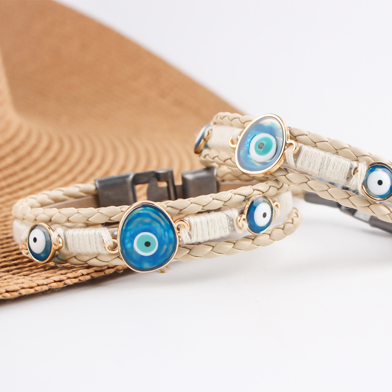 Wholesale Cross-Border Bracelet Original Turkish Style Blue Eye Alloy Leather Bracelet Bracelet Multi-Layer Braided Trinket