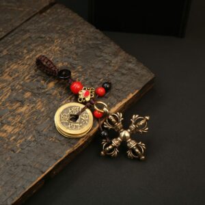 Cross lotus vajra pestle + peach blossom knot five emperors coin
