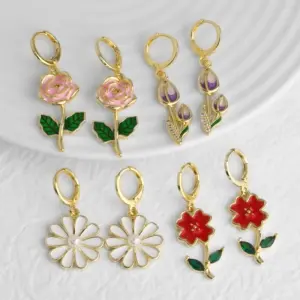 Wholesale 18K Gold Plated Copper Jewelry Oil Drop Rose Flower Zircon Pendant Earrings Ery72