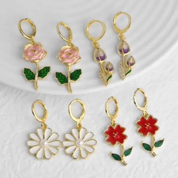 Wholesale 18K Gold Plated Copper Jewelry Oil Drop Rose Flower Zircon Pendant Earrings Ery72