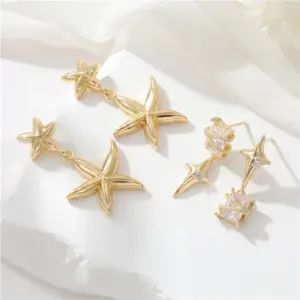 Wholesale Starfish Stud Earrings For Women In Copper With Electroplated Gold Plating And Zircon Inlay
