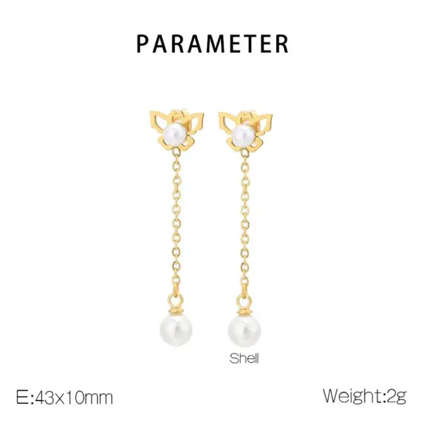 Wholesale 304 Stainless Steel Butterfly PVD Coated Artificial Pearls 18K Real Gold Plated Waterproof Non Tarnish Plating Inlay Drop Earrings