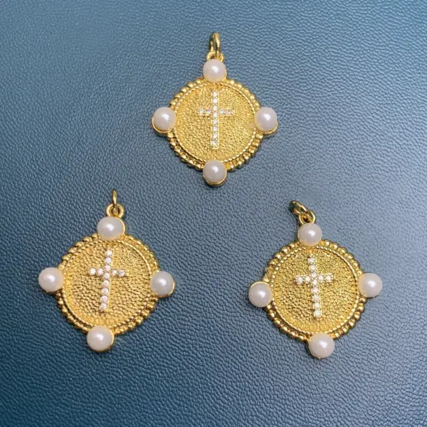 Wholesale 1 Piece Copper Artificial Pearls Rhinestones Cross
