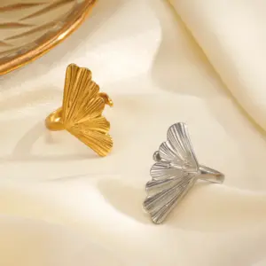 Wholesale Ion Plating (IP) 18K Gold Plated Ginkgo Leaf 304 Stainless Steel IG Style Waterproof Non Tarnish Open Rings