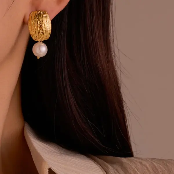 Wholesale 1 Pair IG Style Geometric Plating Inlay 304 Stainless Steel Freshwater Pearl 18K Gold Plated PVD Coated Drop Earrings