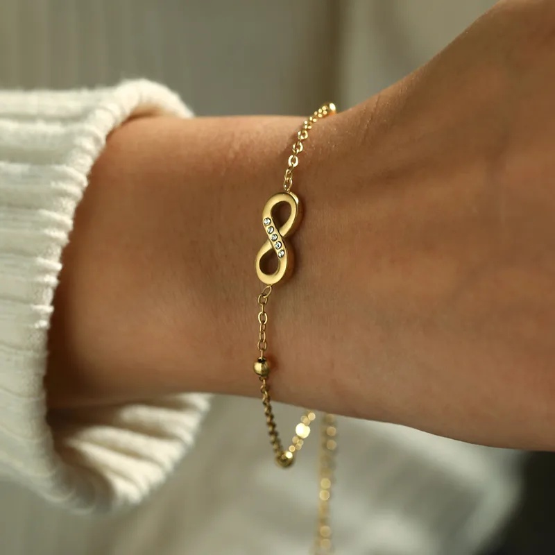 Wholesale 18K Gold Plated 304 Stainless Steel Vacuum Electroplating (In Furnace) Rhinestone Infinity/8-Shaped Classic 03 Bead Chain Necklace For Women Independence Day