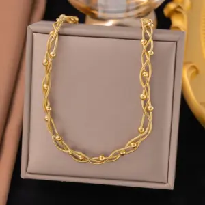 【QYH1163】Three-Layer Round Snake Clip Bead Necklace / Gold