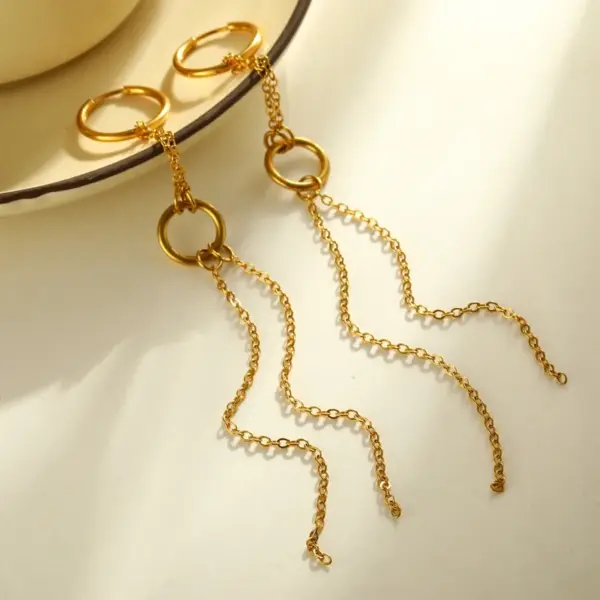 Wholesale 18K Gold Plated 304201 Stainless Steel Vacuum Electroplating (In Furnace) Round Tassel Chain Earrings For Women