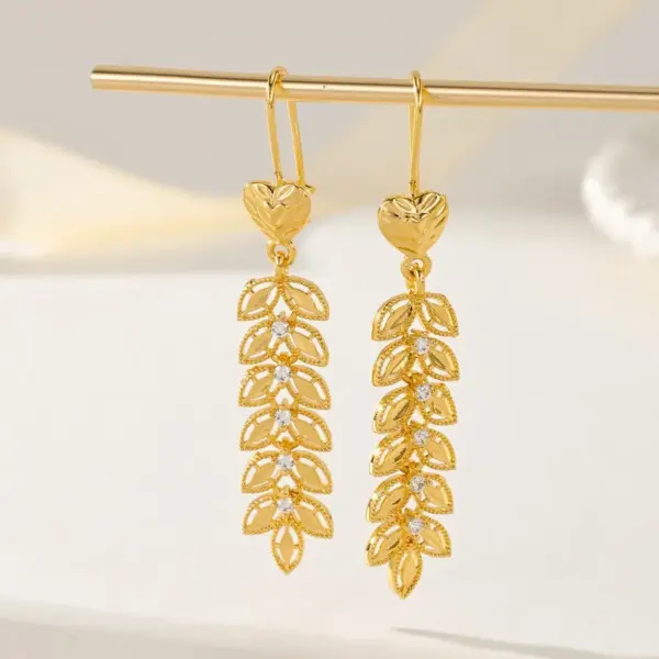 Wholesale Women’s Electroplated Grain Drop Earrings In 14K Real Gold Plated Copper With Zircon Inlay And UV Plating