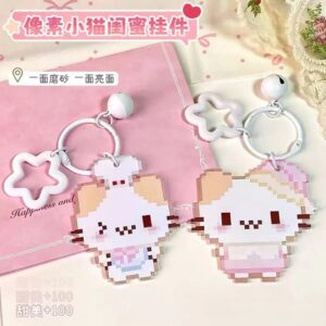 oly-037996dbf3e4a2c15de2a95cde2be660 Wholesale Cartoon Kitten Pixel Acrylic Keychain Bell Pendant Student Bag Charm