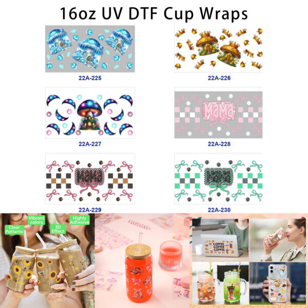 oly-0009d55468ad87bf5748f1fc07ed2ea8 Wholesale 5pcs Winter Fairy Mushroom House Crown Crescent Moon Bow Checkerboard Mama Text Mixed Print 16oz Cup UV DTF Wraps