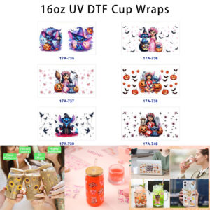 Wholesale 5pcs Halloween Floral Girl Alien Pet Pumpkin Bat Raven Mixed Decor Prints 16oz Cup UV DTF Wraps OLY Exclusive